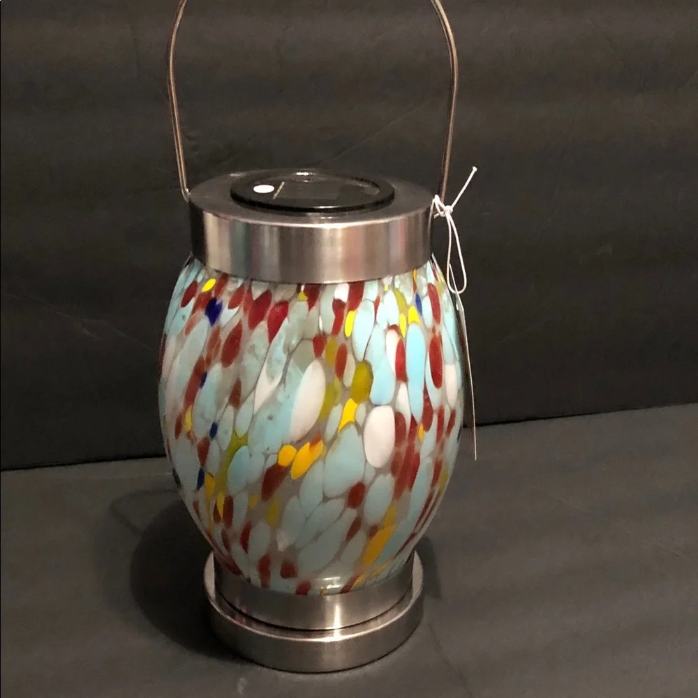 Blue brown mosaic look blown glass style outdoor hanging LED lantern‎ new